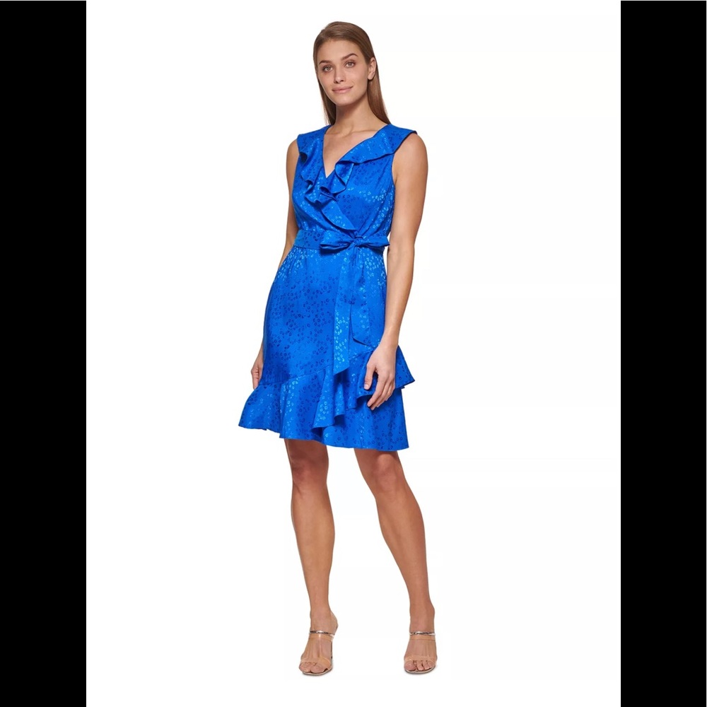 Ruffle V-Neck Tie Waist Faux Wrap Dress